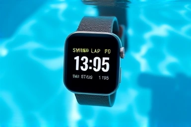 Smartwatch displaying swimming data in pool water
