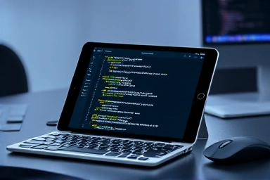 Tablet used as a coding workstation with keyboard and mouse.