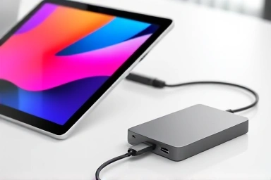Tablet connected to external hard drive for more storage.