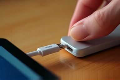 Hand connecting external hard drive to tablet port.