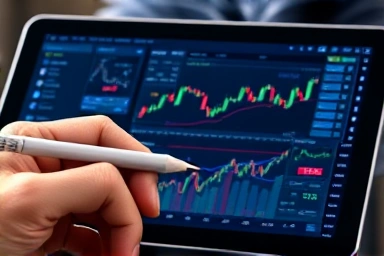 Hand using stylus on stock market analysis tablet screen.