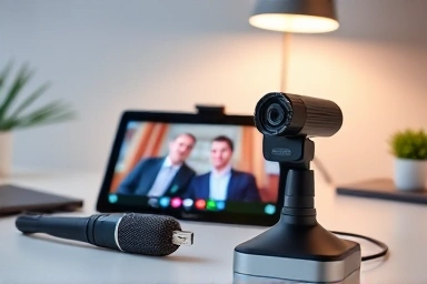 Modern tablet video conference setup with microphone and webcam.
