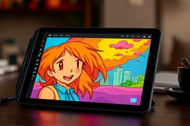 Tablet displaying a professional webtoon illustration with digital art tools.