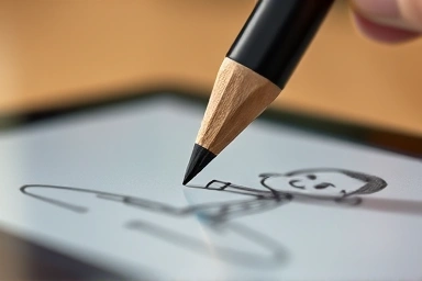 Stylus hovering over tablet screen, sketching a webtoon character.