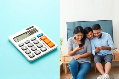 Telecom savings, family using devices, money and connectivity.
