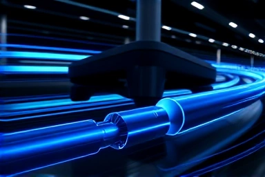 Modern laptop connected to multiple monitors with glowing cable.