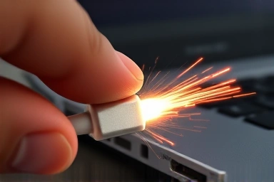 Close-up of high-speed data cable connecting to laptop port.