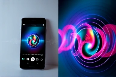 Smartphone showing music app next to abstract representation of high-quality sound.