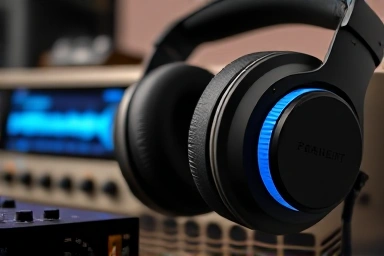 Close-up of premium headphones and digital audio player for music listening.