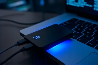 Modern USB 4.0 external SSD connected to laptop with fast data flow.