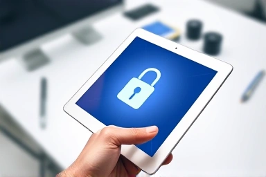 Tablet security, data protection, digital padlock symbol