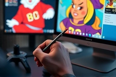 Artist using Wacom Intuos Pro tablet for digital illustration.