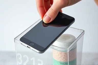 Hand placing phone in silica gel for drying, data recovery.