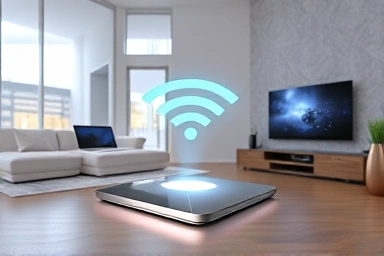 Futuristic Wi-Fi 7 mesh router connecting smart home devices.