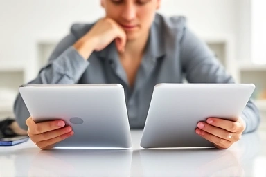 Person comparing modern tablets, making an informed choice.