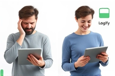 Frustrated user with slow tablet vs. happy user with efficient tablet.