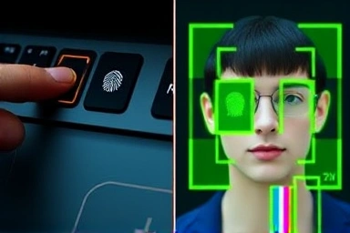 User logging into laptop with fingerprint and facial recognition.
