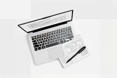Laptop, stylus pen, and notebook on a professional desk