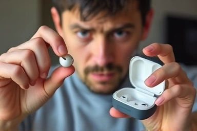 Frustrated person with lost wireless earbud