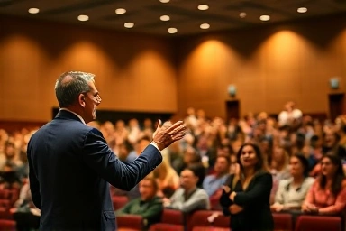 Confident speaker engaging audience in lecture hall.