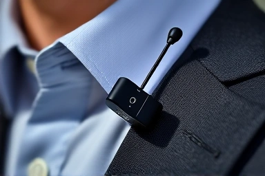 Sleek wireless lavalier microphone on presenter's collar.