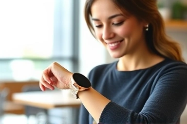 Stylish woman wearing an elegant smartwatch, blending fashion and technology.