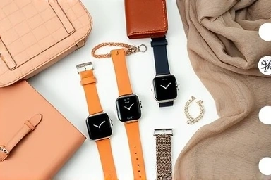 Collection of elegant women's smartwatches and fashion accessories, styled for impact.