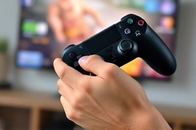 Hand holding gaming controller, dynamic game action blurred background.