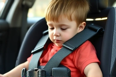 Child secured in a 5-point harness car seat, emphasizing safety.