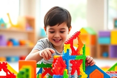 5-year-old child building with colorful Magformers blocks in a bright playroom.