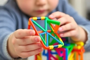 Child's hands connecting Magformers geometric shapes, symbolizing learning.