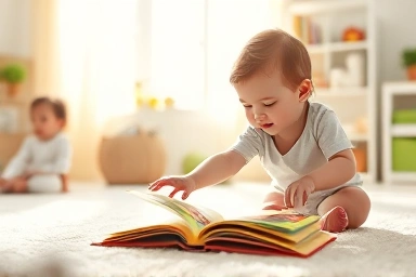Toddler engaging with a vibrant pop-up book in a sunny nursery.