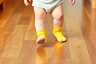 Toddler walking safely in anti-slip socks