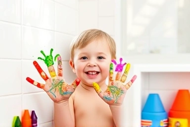 Toddler drawing on bathroom wall with bath crayons.