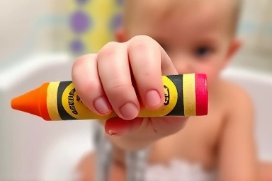 Child's hand holding a bath crayon.