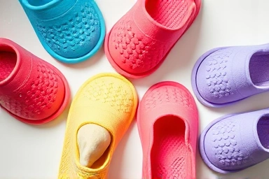 Colorful baby bath slippers with grip patterns.