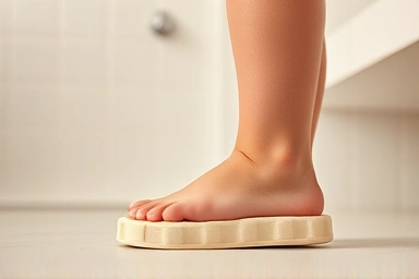 Baby's foot stepping onto a non-slip bath slipper.