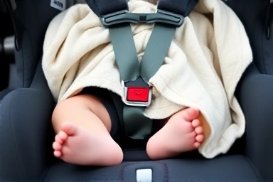 Close-up of baby in car seat with blanket, emphasizing safety.