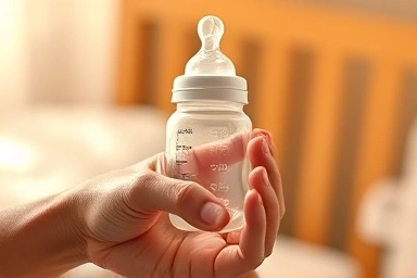 Parent's hand holding a safe glass baby bottle.