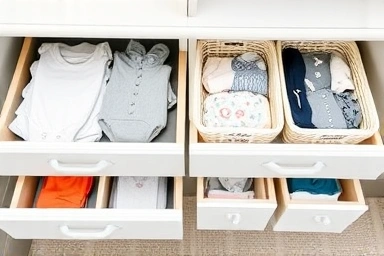Organized baby closet with drawers and storage solutions.