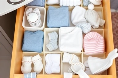 Drawer organization for baby socks, underwear, and small items.