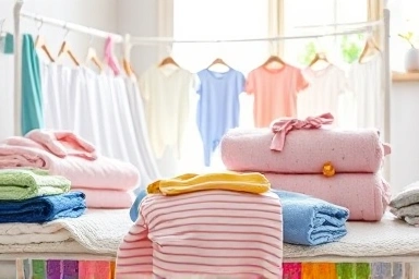 Organized baby clothes in a sunny nursery
