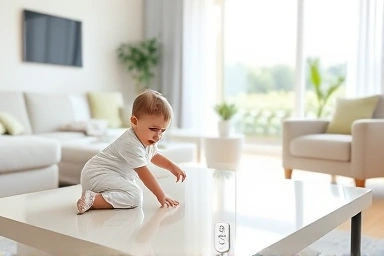 Toddler playing safely with corner guards on furniture