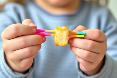 Close-up of toddler's hands using training chopsticks for easy food pickup.