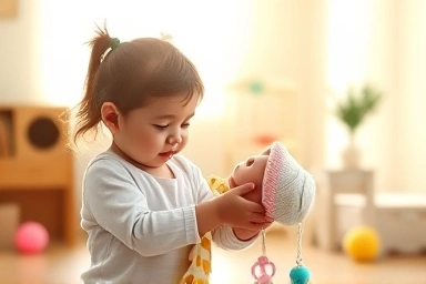 Child playing with a baby doll, fostering imagination and care.