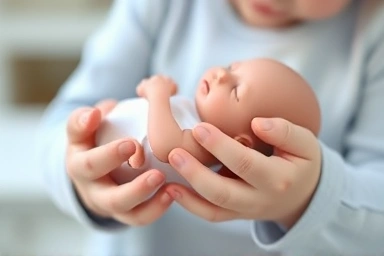 Child's hands demonstrating fine motor skills with a baby doll.