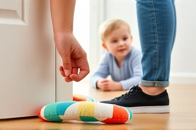 Parent installing baby door stopper for safety