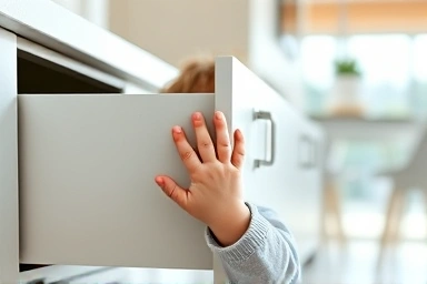 Toddler reaching for drawer with hidden safety lock