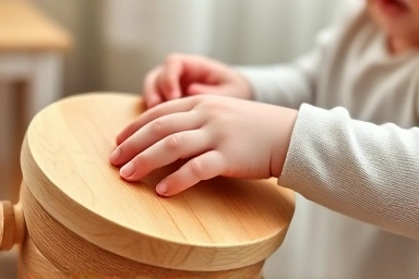 Baby hands playing a wooden toy drum.