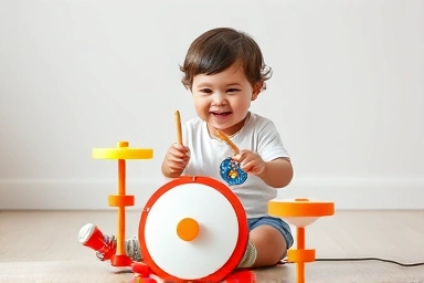 Toddler enjoying a toy drum set in a nursery.